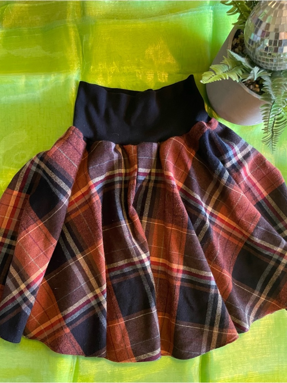 Vintage Plaid Flared Skirt with Black stretchy Waistband - Women
